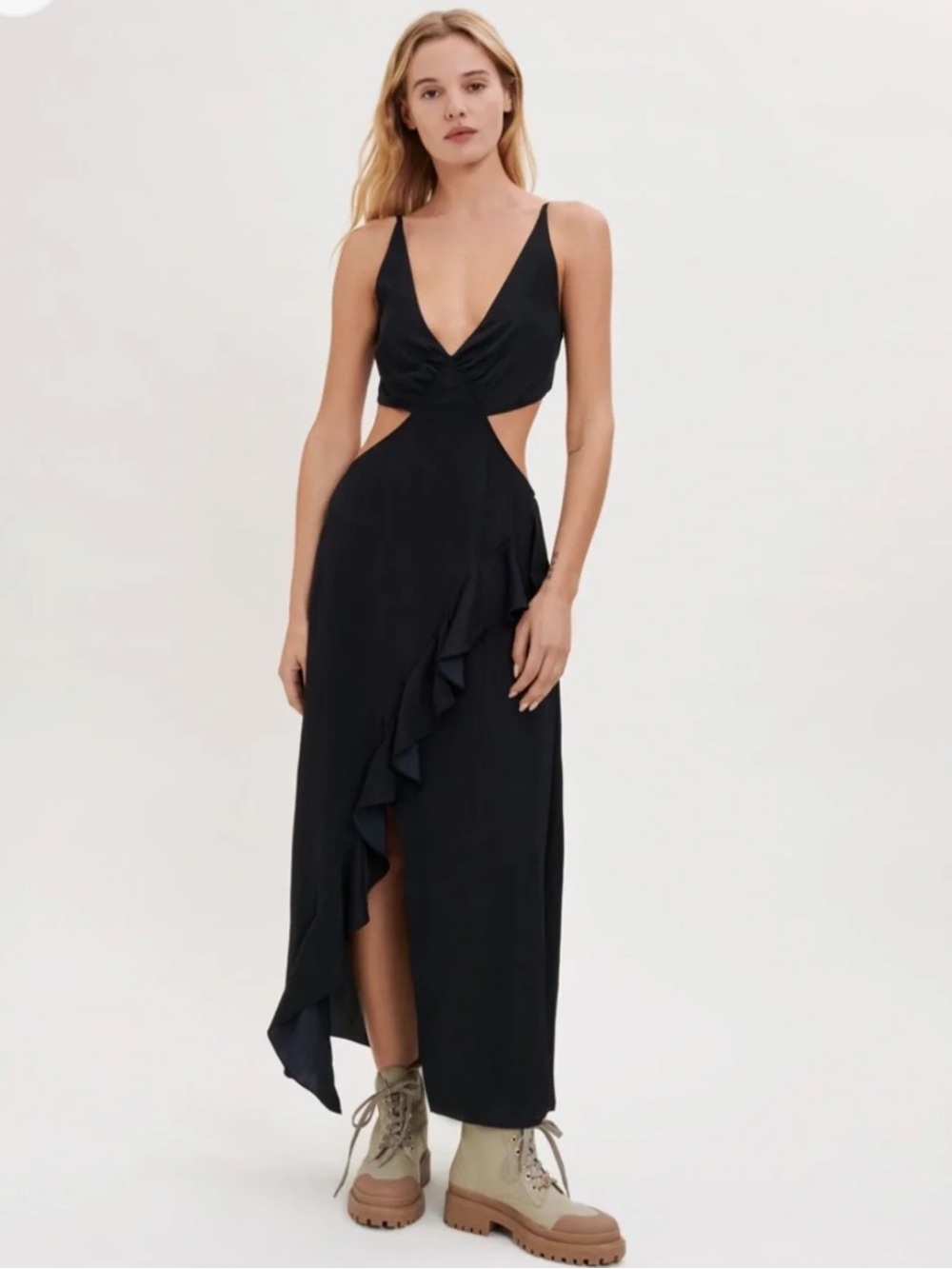 NWT Maje Rallet Cutout Black Ruffle Midi Dress XS